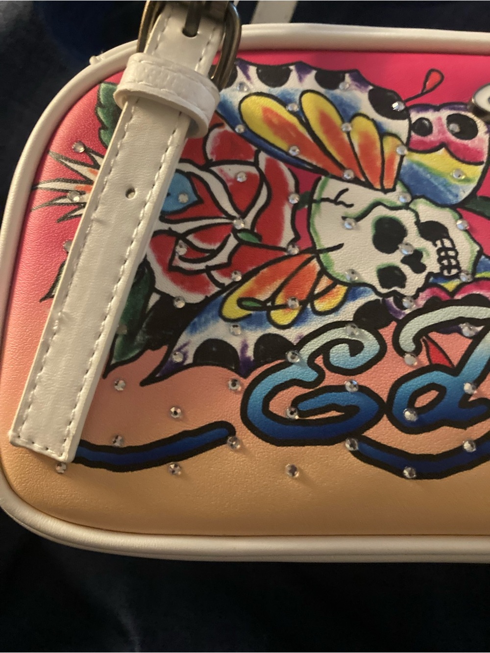 Ed Hardy White Shoulder Bag with Pink and Peach Tattoo Print - Picture 4 of 13